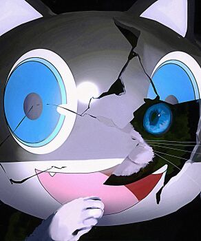 Rule 34 | animal, animal focus, blue eyes, cat, commentary request, cracked kawaii mask, cracked mask, fang, highres, korean commentary, mask, morgana (cat) (persona 5), morgana (persona 5), open mouth, persona, persona 5, portrait, sg (sallgam), smile, tongue