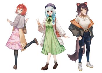 3girls :3 :d ange_katrina ange_katrina_(5th_costume) animal_ears animal_print ankle_boots bag belt beret bird_print black_choker black_pantyhose blue_eyes blue_hair blue_pants blush bobby_socks boots braid breasts brown_bag brown_belt brown_boots brown_hair brown_ribbon brown_shoes brown_skirt brown_tail cable_knit cardigan choker closed_mouth collarbone collared_dress commentary_request cosplay costume_switch crossed_bangs denim dog_ears dog_girl dog_tail doidamon dress empire_waist eyelashes flower from_behind full_body gradient_hair green_dress grey_cardigan grey_jacket group_costume_switch group_picture hair_between_eyes hair_flower hair_ornament hair_over_shoulder hairpin hand_up hands_up hat hat_ornament heterochromia highres inui_toko inui_toko_(cosplay) inui_toko_(fall_casual) jacket jeans layered_skirt leg_up lize_helesta lize_helesta_(5th_costume) lize_helesta_(cosplay) long_hair long_sleeves looking_at_viewer looking_back medium_breasts medium_dress medium_hair medium_skirt multicolored_eyes multicolored_hair multiple_girls multiple_hairpins neck_ribbon nijisanji off_shoulder open_cardigan open_clothes open_jacket open_mouth orange_jacket pants pantyhose pendant_choker pink_eyes pink_skirt print_skirt puffy_long_sleeves puffy_sleeves purple_eyes purple_hat red_eyes red_hair ribbon sanbaka_(nijisanji) shirt shirt_partially_tucked_in shoes shoulder_bag simple_background single_braid single_hair_intake skirt smile socks standing standing_on_one_leg t-shirt tail teeth tight_clothes tight_pants torn_clothes torn_jeans torn_pants turning_head two-sided_fabric two-sided_jacket two-tone_eyes upper_teeth_only v virtual_youtuber walking white_background white_boots white_cardigan white_hair white_shirt white_socks yellow_eyes