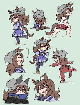 Rule 34 | 1girl, animal ears, beanie, beer hsk, black jacket, blue scarf, brown hair, brown shoes, chibi, closed mouth, commentary request, ears through headwear, green background, grey hat, gym shirt, gym shorts, gym uniform, hair between eyes, hands up, hat, horse ears, horse girl, horse tail, jacket, long hair, multiple views, nakayama festa (umamusume), one eye closed, open mouth, pants, pleated skirt, puffy short sleeves, puffy sleeves, purple eyes, purple shirt, purple skirt, purple thighhighs, red jacket, red pants, red shorts, scarf, school uniform, shadow, shirt, shoes, short sleeves, shorts, simple background, skirt, standing, standing on one leg, star (symbol), tail, thighhighs, tracen school uniform, track jacket, track pants, track suit, trembling, umamusume, v-shaped eyebrows, white shirt
