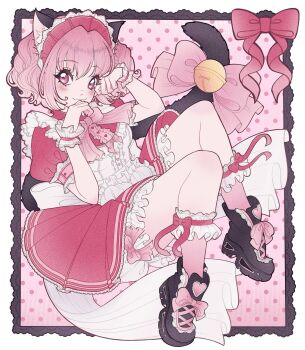 :3 animal_ears apron bell black_boots bloomers boots bow cat_ears cat_tail dress frilled_apron frilled_dress frilled_sleeves frills highres looking_at_viewer magical_girl maid_apron maid_headdress marsh_et_mallow mew_ichigo momomiya_ichigo paw_pose pink_bow pink_dress pink_eyes pink_hair pink_theme polka_dot polka_dot_background puffy_short_sleeves puffy_sleeves short_sleeves tail tail_bell tail_bow tail_ornament tokyo_mew_mew underwear white_bloomers white_wrist_cuffs wrist_cuffs