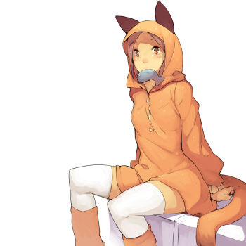 absurdres animal_ears animal_hood brown_eyes brown_hair cat_ears cat_girl cat_hood cat_tail faustsketcher fish_in_mouth food hands_behind highres hood nathy original raincoat short_hair socks tail