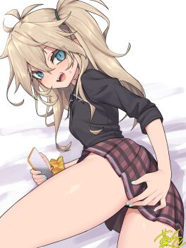 1girl ass black_panties black_shirt blonde_hair blue_eyes breasts commentary_request fangs gyaru highres kashiki_main kasukabe_tsumugi long_hair looking_at_viewer lying miniskirt on_side open_mouth panties shirt skirt small_breasts smile solo thighs underwear voicevox
