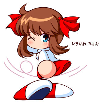 1girl arm_up blue_eyes brown_hair hair_ribbon highres hirokawa_takemi jikkyou_powerful_pro_yakyuu jikkyou_powerful_pro_yakyuu_(style) looking_back medium_hair multicolored_shoes no_mouth one_eye_closed power_pro_kun_pocket power_pro_kun_pocket_9 rayman_limbs red_ribbon red_shoes red_skirt ribbon shiroi_tansu shoes skirt solo sweater two-tone_shoes white_background white_shoes white_sweater wind wind_lift