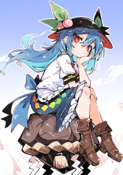Rule 34 | 1girl, absurdres, blue hair, blue skirt, blue sky, blush, boots, brown boots, closed mouth, commentary, deal360acv, elbow on thigh, expressionless, frills, full body, hair between eyes, hat, head rest, highres, hinanawi tenshi, kaname-ishi, long hair, looking at viewer, peach hat ornament, red eyes, shirt, short sleeves, sitting, skirt, sky, solo, touhou, white shirt