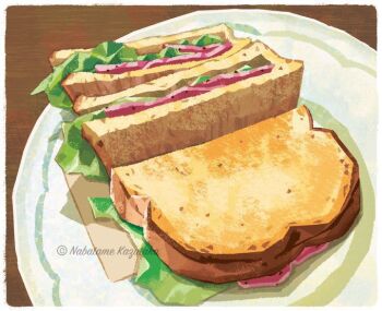 artist_name border bread bread_slice commentary english_commentary food food_focus lettuce nabatame_kazutaka no_humans original pastrami plate sandwich still_life table white_border wooden_table