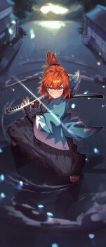 1girl absurdres arm_guards black_hakama blue_haori breasts drawing_sword fate/grand_order fate_(series) fujimaru_ritsuka_(female) fujimaru_ritsuka_(female)_(teal_uniform) full_body hakama haori highres holding holding_sword holding_weapon japanese_clothes katana kimono long_sleeves looking_at_viewer medium_breasts orange_eyes orange_hair ponytail radishkek shinsengumi short_hair short_ponytail solo sword weapon white_kimono wide_sleeves