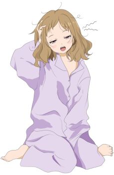 1girl :o amanatsu_konami barefoot between_legs brown_hair full_body gogottu2000 hand_between_legs hand_on_own_head make_heroine_ga_oo_sugiru! messy_hair open_mouth pajamas simple_background sitting solo wariza white_background