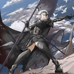 Rule 34 | 1girl, armor, armored boots, bird, black armor, blonde hair, boots, breasts, cloud, cloudy sky, dove, fate/grand order, fate (series), flag, flagpole, full body, gauntlets, headpiece, highres, holding, holding flag, holding sword, holding weapon, jeanne d&#039;arc alter (avenger) (fate), jeanne d&#039;arc alter (avenger) (first ascension) (fate), jeanne d&#039;arc alter (fate), looking at viewer, sheath, short hair, sky, solo, sword, thighhighs, weapon, yellow eyes, zuraa (naunau seijin)