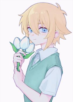 1boy antenna_hair basil_(faraway)_(omori) basil_(omori) blonde_hair blue_eyes blush closed_mouth collared_shirt double-parted_bangs flower green_sweater_vest hair_between_eyes highres holding holding_flower looking_at_viewer male_focus omori sebon_(sebochin) shirt short_hair short_sleeves sidelocks simple_background smile solo sweater_vest tulip twitter_username upper_body white_background white_flower white_shirt white_tulip