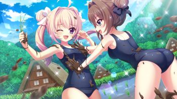 2girls ;d ahoge alternate_hairstyle ass black_bow blonde_hair blue_eyes blue_one-piece_swimsuit blue_sky bow breasts brown_hair cloud cowboy_shot day dirty dirty_clothes dirty_hands dot_nose double_bun dutch_angle film_grain game_cg hair_bow hair_bun hair_intakes hair_up hand_on_another&#039;s_chest hands_up house izumi_tsubasu leaning_forward lens_flare long_hair looking_at_another medium_breasts mole mole_under_each_eye mole_under_eye mud multiple_girls multiple_moles non-circular_lens_flare non-web_source official_art one-piece_swimsuit one_eye_closed open_mouth outdoors profile re:stage! rice_paddy rice_planting school_swimsuit shikimiya_aone shiratori_amaha_(re:stage!) short_hair sky smile sparkle sunlight swimsuit tree twintails wading