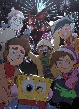 1girl 5boys ahoge animification artist_name bandaid black_hair breasts brown_hair buck_teeth censored character_request copyright_request crossover danny_fenton danny_phantom earrings el_tigre glasses gloves hat highres holding izzy_(izbubbles) jenny_wakeman jewelry jimmy_neutron jimmy_neutron_(series) looking_at_viewer monochrome multiple_boys multiple_crossover my_life_as_a_teenage_robot nickelodeon nicktoons_unite! open_mouth paramount_pictures pink_headwear ponytail scarf shirt short_hair smile spongebob_squarepants spongebob_squarepants_(series) teeth the_fairly_oddparents timmy_turner upper_body wanda_(fairly_oddparents) white_hair