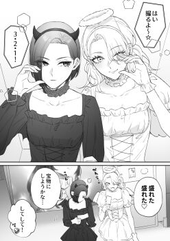 2girls angel angel_and_devil angel_wings black_hair blonde_hair blush commentary_request demon demon_girl demon_wings earrings feathered_wings greyscale gyaru hair_over_one_eye halo highres jewelry kanno_fumi_(kannno23) long_hair long_sleeves monochrome multiple_girls open_mouth original shirt short_hair traditional_halo translation_request white_wings wings yuri