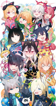 Rule 34 | 6+girls, absurdres, animal ear hairband, animal ear headphones, animal ear hood, animal ears, aru (blue archive), black choker, black dress, black eyes, black gloves, black hair, black hoodie, black jacket, black nails, blonde hair, blue archive, blue halo, blue hoodie, blue jacket, blue necktie, blue scarf, blue shirt, blunt bangs, blunt ends, blush, braid, breath, cat ear headphones, cat ears, cat girl, cellphone, choker, closed eyes, closed mouth, collared shirt, colored inner hair, cross hair ornament, demon girl, demon horns, detached collar, dog ears, dog girl, dress, earrings, extra ears, fake animal ears, fang, fingerless gloves, gloves, green eyes, green gloves, green halo, green hoodie, grey hair, hair between eyes, hair ornament, hair over one eye, hairband, halo, hand on own chin, hand on own ear, headphones, highres, holding, holding phone, hood, hood up, hoodie, horns, jacket, jewelry, kanna (blue archive), kayoko (blue archive), kazusa (blue archive), kikyou (blue archive), laughing, long hair, looking at another, looking at viewer, maid, mari (blue archive), medium hair, midori (blue archive), momoi (blue archive), multicolored hair, multiple girls, mutsuki (blue archive), nasan (coldtime), necktie, open clothes, open jacket, open mouth, orange hair, own hands clasped, own hands together, parted bangs, phone, pink hair, pink halo, pink hoodie, pointy ears, purple eyes, red eyes, red hair, red halo, red hoodie, red necktie, scarf, serika (blue archive), sharp teeth, shiroko (blue archive), shirt, short hair, short sleeves, sidelocks, skin fang, smartphone, steepled fingers, stud earrings, sweatdrop, teeth, twin braids, twintails, two-tone hair, white hair, white halo, white hoodie, white shirt, wolf ears, wolf girl, yellow eyes, yellow halo, yellow hoodie, yoshimi (blue archive)