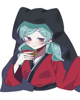 1girl aqua_hair beta_(inazuma_eleven) black_veil blush breasts commentary cup highres holding holding_cup inazuma_eleven_(series) inazuma_eleven_go inazuma_eleven_go_chrono_stone japanese_clothes kimono long_hair medium_breasts purple_eyes red_kimono sakazuki seikawa1110 smile solo veil white_background