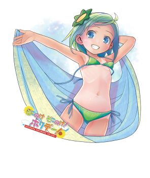 1girl absurdres bikini blue_eyes breasts cowboy_shot green_bikini green_hair grin highres logo navel one-piece_tan pop_(electromagneticwave) simple_background small_breasts smile solo stomach swimsuit tagme tan tanline thighs white_background