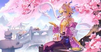 1girl absurdres architecture arknights blonde_hair blue_hair cherry_blossoms closed_mouth dragon dragon_bubble_(arknights) dragon_girl dragon_horns dragon_tail earrings east_asian_architecture eastern_dragon eastern_dragon_horns eastern_dragon_tail flower green_eyes hair_between_eyes hair_flower hair_ornament hairpin highres horns jacket jewelry long_hair multicolored_hair official_alternate_costume official_alternate_hairstyle pants plate pointy_ears purple_jacket purple_pants shirt shu_(arknights) shu_(spring_feast)_(arknights) smile tail very_long_hair white_hair xary yellow_shirt