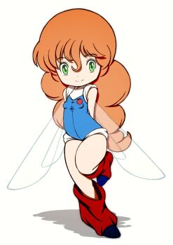 Rule 34 | 1girl, arms behind back, beeru (veil8801), blue leotard, breasts, closed mouth, commentary request, deformed, fairy, fairy wings, full body, green eyes, hair between eyes, highres, juusenki l-gaim, kneehighs, leg up, leotard, lilith fau, long hair, loose socks, orange hair, red socks, shadow, simple background, small breasts, smile, socks, solo, transparent wings, white background, wings