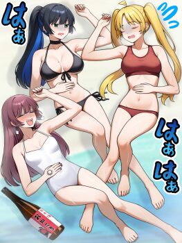 alcohol beach bikini black_bikini black_nails bocchi_the_rock! feet hair_down highres hiroi_kikuri ijichi_seika one-piece_swimsuit pa-san ponytail ryuhirohumi sake swimsuit tattoo twintails