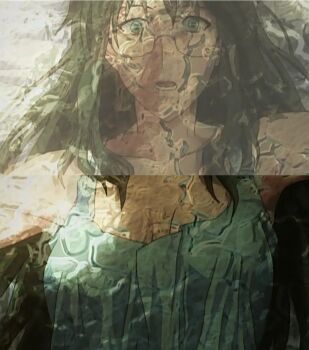 1girl asougi_rin breasts cleavage distortion flashback glasses green_eyes green_hair highres large_breasts long_hair looking_at_viewer lying mature_female mnemosyne open_mouth pov solo stitched surprised tank_top third-party_edit