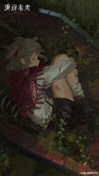 1girl absurdres aged_down ankle_boots black_boots black_shorts boots cloak closed_eyes coffin copyright_name copyright_notice curled_up fetal_position full_body grass grey_hair highres hugging_own_legs logo lying official_art official_wallpaper on_side plant profile red_cloak reverse:1999 rubuska shirt short_hair shorts sleeping socks solo suspender_shorts suspenders white_shirt white_socks