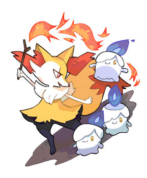 1other body_fur braixen commentary english_commentary fire furry gen_5_pokemon gen_6_pokemon highres holding litwick mjoyart nintendo open_mouth orange_eyes pokemon pokemon_(creature) simple_background smile standing stick white_background yellow_eyes