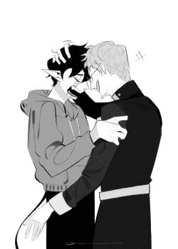 2boys ao_no_exorcist closed_eyes collared_robe commentary_request crying demon_boy demon_tail dingnin98201637 fujimoto_shirou glasses greyscale grin hand_on_another&#039;s_arm highres long_pointy_ears long_sleeves male_focus monochrome multiple_boys okumura_rin open_mouth pointy_ears priest robe simple_background sleeve_cuffs smile streaming_tears tail tears teeth touching_forehead white_background