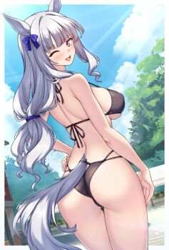 1girl animal_ears ass bikini bikini_day black_bikini blunt_bangs bow breasts cowboy_shot drill_hair drill_sidelocks dutch_angle ear_bow from_behind gold_ship_(umamusume) grey_hair hand_on_own_hip highres horse_ears horse_girl horse_tail large_breasts light_rays long_hair looking_at_viewer looking_back low-tied_long_hair outdoors park purple_eyes shirokuma_a sidelocks smile solo sunbeam sunglasses sunlight swimsuit tail thigh_gap umamusume