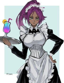 Rule 34 | 1girl, apron, artist name, black dress, bleach, commentary, dark-skinned female, dark skin, dress, hand on own hip, highres, holding, holding plate, long hair, looking at viewer, maid, maid apron, maid headdress, p glansk, plate, ponytail, purple hair, shihouin yoruichi, solo, twitter username, white apron, yellow eyes