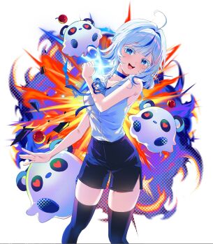 1girl :d \||/ ahoge aokumo_rin armpit_crease bare_arms bare_shoulders black_shorts black_thighhighs blue_choker blue_eyes blue_ribbon blush breasts chainsaw_man cherry choker collarbone collared_shirt colored_eyelashes commentary_request cosplay covered_groin explosion explosion_background feet_out_of_frame food fruit hair_intakes hand_up head_tilt heart heart-shaped_pupils highres holding korean_commentary kurimi_(aokumo_rin) large_breasts long_hair looking_at_viewer multicolored_hair nagoo neck_ribbon open_collar open_mouth raised_eyebrows reze_(chainsaw_man) reze_(chainsaw_man)_(cosplay) ribbon shirt shirt_tucked_in shorts side_slit side_slit_shorts sleeveless sleeveless_shirt smile standing stellive streaked_hair symbol-shaped_pupils teeth thighhighs turning_head upper_teeth_only white_background white_hair white_shirt
