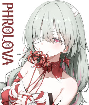 Rule 34 | 1girl, armpit crease, bandage over one eye, bare shoulders, blush, breasts, character name, cleavage, closed mouth, commentary, dress, earrings, flower, grey eyes, halter dress, halterneck, highres, holding, holding flower, jewelry, long hair, multicolored hair, phrolova (wuthering waves), red flower, red pupils, simple background, solo, spider lily, streaked hair, upper body, white background, wuthering waves, yuukun mk-ii