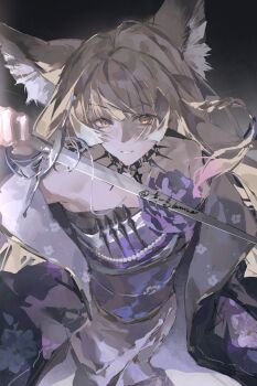 1girl absurdres animal_ear_fluff animal_ears arknights bare_shoulders black_background blonde_hair chinese_commentary collarbone commentary_request dress floating_hair gradient_background highres holding holding_sword holding_weapon kong_ming_kmmo long_hair looking_at_viewer looking_up off_shoulder official_alternate_costume partial_commentary purple_dress rapier signature simple_background solo strapless strapless_dress sword very_long_hair vulpisfoglia_(arknights) weapon yellow_eyes