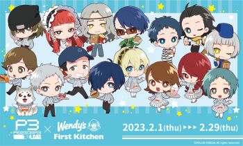 Rule 34 | 6+boys, 6+girls, :3, :d, :o, :t, aigis (persona), amada ken, apron, aragaki shinjirou, bag, bandaid, bandaid on face, bandaid on forehead, baseball cap, beanie, beard stubble, belt, black-framed eyewear, black belt, black hair, black hairband, black headband, black headwear, black pants, blonde hair, blue background, blue dress, blue eyes, blue gloves, blue hair, blue headwear, blue pants, blunt bangs, blunt ends, bright pupils, brooch, brown eyes, brown hair, burger, buttons, chibi, chicken nuggets, closed mouth, collared shirt, company name, copyright name, copyright notice, cup, denim, dog, dress, drill hair, drill sidelocks, drinking, drinking straw, drinking straw in mouth, earrings, elizabeth (persona), everyone, expressionless, facial hair, fast food, food, food on face, french fries, frilled apron, frilled dress, frilled hairband, frilled sleeves, frills, frown, full body, glasses, gloves, green jacket, grey eyes, grey fur, grey hair, grin, hair between eyes, hair over one eye, hair slicked back, hairband, hand in pocket, hand on own chest, hand on own hip, hand up, hat, headband, highres, holding, holding tray, ice cream, iori junpei, jacket, jeans, jewelry, kirijou mitsuru, koromaru (persona), leg up, logo, long hair, long sleeves, looking at viewer, mini flag, mochizuki ryouji, mole, mole under eye, multiple boys, multiple girls, official art, one eye closed, open mouth, orange-tinted eyewear, outstretched arm, pants, paper bag, parted bangs, persona, persona 3, persona 3 reload, pharos, promotional art, red eyes, red hair, sakaki takaya, sanada akihiko, scarf, shirato jin, shirt, shoes, short hair, sidelocks, simple background, single sidelock, sleeveless, sleeveless dress, smile, standing, standing on one leg, star (symbol), striped clothes, striped dress, striped pants, striped shirt, stubble, stud earrings, suspenders, swept bangs, takeba yukari, thighhighs, tinted eyewear, tongue, tongue out, torn clothes, torn jeans, torn pants, tray, two-tone fur, uniform, v-shaped eyebrows, vertical-striped clothes, vertical-striped dress, vertical-striped shirt, waist apron, wavy hair, wendy's, white belt, white dress, white footwear, white fur, white gloves, white pants, white pupils, white shirt, white thighhighs, wing collar, yamagishi fuuka, yellow apron, yellow eyes, yellow scarf, yoshino chidori, yuuki makoto (persona 3)