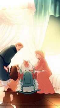 Rule 34 | 1boy, 1girl, absurdres, animal, backlighting, bathrobe, blonde hair, bow, brown hair, cradle, curtains, darling (disney), dog, dress, facial hair, family, hana (haruharu-michimichi83), hands on own knees, highres, husband and wife, jim dear, lady (disney), lady and the tramp, leaning forward, mustache, pink bow, pink dress, short hair