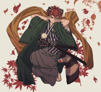 1boy animal_ears bandaid bandaid_on_face bandaid_on_nose commentary custat english_commentary freckles full_body green_eyes green_haori grey_hakama hakama hakama_pants haori haori_himo japanese_clothes katana kimono leaf male_focus nagakura_shinpachi_(peace_maker_kurogane) pants parted_lips peace_maker_kurogane scabbard sheath short_hair socks solo sword tabi tail undercut weapon