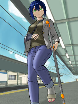 1girl absurdres arm_cast arm_sling blue_hair broken_leg cast crutch green_eyes highres holding_crutch leg_cast original scotch_(castlover) solo