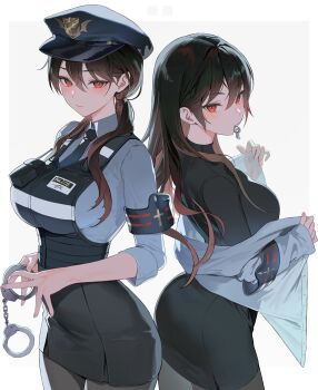 1girl absurdres ass black_hair black_necktie black_shirt black_skirt black_vest blush breasts closed_mouth collared_shirt cuffs double-parted_bangs fingernails grey_shirt handcuffs hat highres holding holding_handcuffs key large_breasts long_hair long_sleeves looking_at_viewer looking_back miniskirt multiple_views myabit necktie original pencil_skirt police police_hat police_uniform radio red_eyes shirt simple_background skirt twintails undressing vest white_background