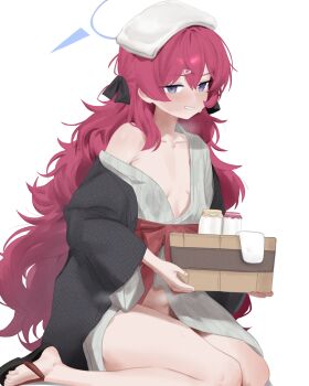 1girl alternate_costume black_bow black_haori blue_archive blue_halo blush bow breasts collarbone commentary d5y0m double-parted_bangs full_body grey_eyes grey_kimono hair_between_eyes hair_bow hair_ornament hairclip halo haori highres iroha_(blue_archive) japanese_clothes kimono long_hair looking_at_viewer messy_hair parted_lips red_hair sandals sidelocks simple_background sitting small_breasts smile solo thighs towel towel_on_head turning_head very_long_hair white_background yukata