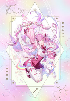 1girl ;d ahoge arm_up blue_hair bow_(weapon) breasts commentary_request gradient_hair hair_ornament hairclip head_tilt holding holding_bow_(weapon) holding_weapon jacket layered_sleeves long_hair long_sleeves looking_at_viewer magical_girl medium_breasts moon_phases multicolored_hair one_eye_closed open_clothes open_jacket open_mouth original pantyhose pink_hair pink_jacket pleated_skirt puffy_long_sleeves puffy_short_sleeves puffy_sleeves purple_eyes purple_shoes red_skirt renian sagittarius_(zodiac) shirt shoes short_over_long_sleeves short_sleeves skirt smile solo very_long_hair weapon white_pantyhose white_shirt winged_unicorn zodiac
