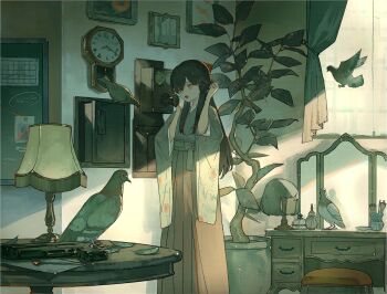 Rule 34 | 1girl, 3pel1, absurdres, analog clock, animal, antique phone, bird, bottle, clock, commentary request, curtains, desk, feet out of frame, green kimono, grey bird, hakama, hakama skirt, highres, holding, holding phone, indoors, japanese clothes, kimono, lamp, mirror, muted color, original, phone, picture frame, pigeon, plant, potted plant, red skirt, ringer box, skirt, slice of life, solo, standing, stool, three-quarter sleeves, unworn wig, wide sleeves, wig, window