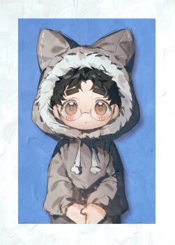 1boy animal_ear_hood animal_hood black_hair blue_background border brown_eyes cat_hood commentary_request dandadan de557777 fake_animal_ears fur-trimmed_hood fur_trim glasses grey_hoodie highres hood hoodie light_blush looking_at_viewer male_focus own_hands_together parted_bangs round_eyewear short_hair solo takakura_ken_(dandadan) thick_eyebrows white_border