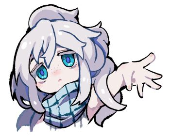 Rule 34 | 1girl, :<, blue eyes, blue scarf, chibi, closed mouth, colored eyelashes, cropped torso, deux murasame, freckles, grey hair, gundam, gundam gquuuuuux, hair between eyes, highres, long hair, looking at viewer, outstretched arm, plaid clothes, plaid scarf, scarf, simple background, solo, sukima (crie), thick eyelashes, white background