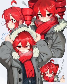 ! 1girl commentary drill_hair english_commentary grey_jacket highres hood hood_up jacket kasane_teto linnees_waos red_eyes red_hair red_scarf scarf smile snow utau