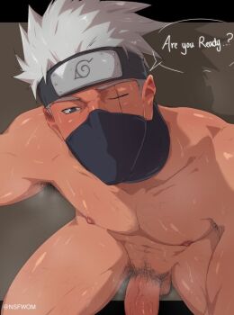 1boy abs bare_pectorals bare_shoulders blush body_hair hatake_kakashi looking_at_viewer male_focus mask mouth_mask muscular muscular_male naruto_(classic) naruto_(series) naruto_shippuuden ninja ninja_mask nipples no_shirt one_eye_closed pectorals penis scar scar_on_face short_hair upper_body white_hair womo_ots