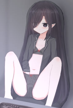 1girl absurdres barefoot black_bra black_eyes black_hair black_panties black_shirt blush bow bow_bra bow_panties bra breasts collarbone computer_keyboard crotch_seam elf eyes_visible_through_hair floral_print hair_over_one_eye hand_in_panties highres lace lace-trimmed_bra lace-trimmed_panties lace_trim loli long_hair long_sleeves looking_at_screen masturbation navel open_clothes open_shirt original panties pointy_ears print_bra print_panties red_bow school_uniform shirt shooko sitting small_breasts spread_legs underwear very_long_hair