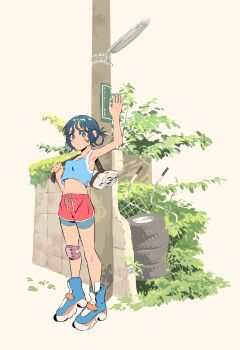 Rule 34 | 1girl, arm up, bag, bandaid, bandaid on face, blue eyes, blue hair, blue shirt, blue shoes, bush, closed mouth, commentary request, cropped shirt, fence, full body, hand up, highres, holding strap, knee guards, looking at viewer, navel, open hand, original, outdoors, red shorts, semham, shirt, shoes, short hair, short shorts, shorts, sleeveless, sleeveless shirt, solo, standing, unused tire, utility pole