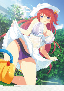 1girl ashiya_(senran_kagura) blush bra breasts cleavage day dress hair_ribbon highres kneeling large_breasts long_hair non-web_source official_alternate_costume official_art one_side_up open_mouth outdoors panties purple_bra purple_eyes purple_panties red_hair ribbon see-through_clothes see-through_dress senran_kagura senran_kagura_new_wave sleeveless sleeveless_dress solo sprinkler sundress underwear wavy_hair wet wet_clothes wet_dress white_dress worried yellow_ribbon