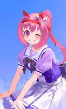 1girl animal_ears blush bow bowtie breasts commentary_request ear_bow ear_covers flower-shaped_pupils flower_in_eye grin hairband haru_urara_(umamusume) headband highres horse_ears horse_girl inishie_kumo long_hair looking_at_viewer one_eye_closed open_mouth pink_eyes pink_hair pink_headband ponytail puffy_short_sleeves puffy_sleeves purple_bow purple_bowtie purple_shirt red_headband sailor_collar sailor_shirt school_uniform shirt short_sleeves skirt smile solo symbol-shaped_pupils symbol_in_eye teeth tracen_school_uniform umamusume white_sailor_collar white_skirt