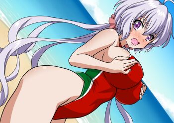 1girl ahoge blue_sky blush breasts cloud competition_swimsuit cowboy_shot day dutch_angle embarrassed highleg highleg_one-piece_swimsuit highres holding_breasts large_breasts nose_blush one-piece_swimsuit open_mouth outdoors purple_eyes purple_hair red_one-piece_swimsuit senki_zesshou_symphogear sky solo swimsuit yukine_chris yuuyuu_(3jjbn)