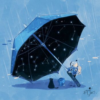 1other animal artist_name backpack bag black_cat blue_jacket blue_theme cat commentary constellation fish flying_fish gloves helmet highres jacket kazunoko_(kazunoko_zunoco) monochrome original oversized_object projector radio_antenna rain shadow signature space space_helmet star_(sky) star_(symbol) umbrella white_gloves