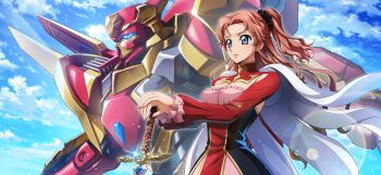 1girl artist_request black_scrunchie blue_eyes blue_gemstone blue_sky blush breasts cape cleavage closed_mouth cloud code_geass code_geass:_lost_stories code_geass:_soubou_no_oz day dress earrings female_focus forehead game_cg gem glint gold_trim hair_ornament hair_scrunchie hands_on_hilt hands_up highres holding holding_sword holding_weapon jewelry lancelot_(code_geass) lancelot_grail layered_sleeves lens_flare light_blush light_particles long_hair long_sleeves looking_afar marrybell_mel_britannia mecha medium_breasts military_uniform multicolored_dress non-web_source official_art orange_hair outdoors own_hands_together robot scrunchie serious shrug_(clothing) sky solo standing strapless strapless_dress stud_earrings sword upper_body v-shaped_eyebrows weapon white_cape